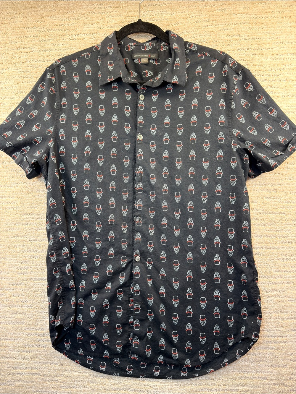 John Varvatos U.S.A. Mens M Black Skull Graphic Print SS Button-Up Cotton Shirt